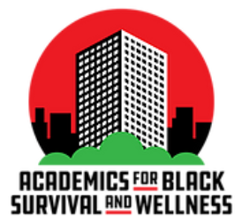 Academics for Black Survival and Wellness logo featuring a city skyline and a building against a red circle, with round glass background. With Academics for Black Survival and Wellness at the bottom, a line under "for" "and"