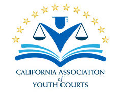 California Association of Youth Courts logo featuring a stylized figure, scales of justice, an open book, and stars.