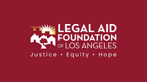 in red block with the word in white Legal Aid Foundation of Los Angeles, underneath the words: Justice, Equity and Hope. Left of the letter in image of a three rows on house, a tree in the front and sky scrape and sunset to the back.