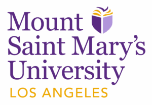 Mount Saint Mary’s University Los Angeles logo featuring a shield and flame symbol. The colors are purple, lavendar and gold.