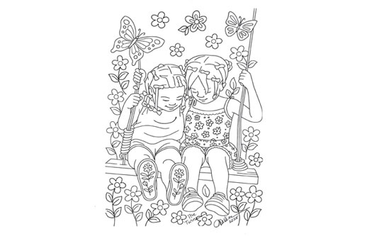 Black-and-white line illustration of two young girls sitting closely together on a swing, surrounded by flowers and butterflies, with their heads gently touching.