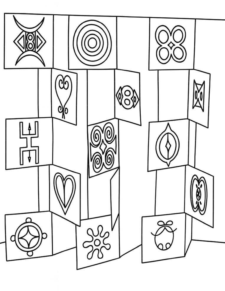 Black-and-white illustration of stacked geometric panels displaying abstract symbolic designs.