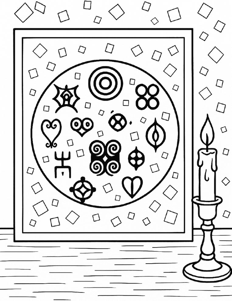 Line-art illustration of a framed circular design containing abstract symbols and geometric shapes, with a candle burning on a holder to the right.