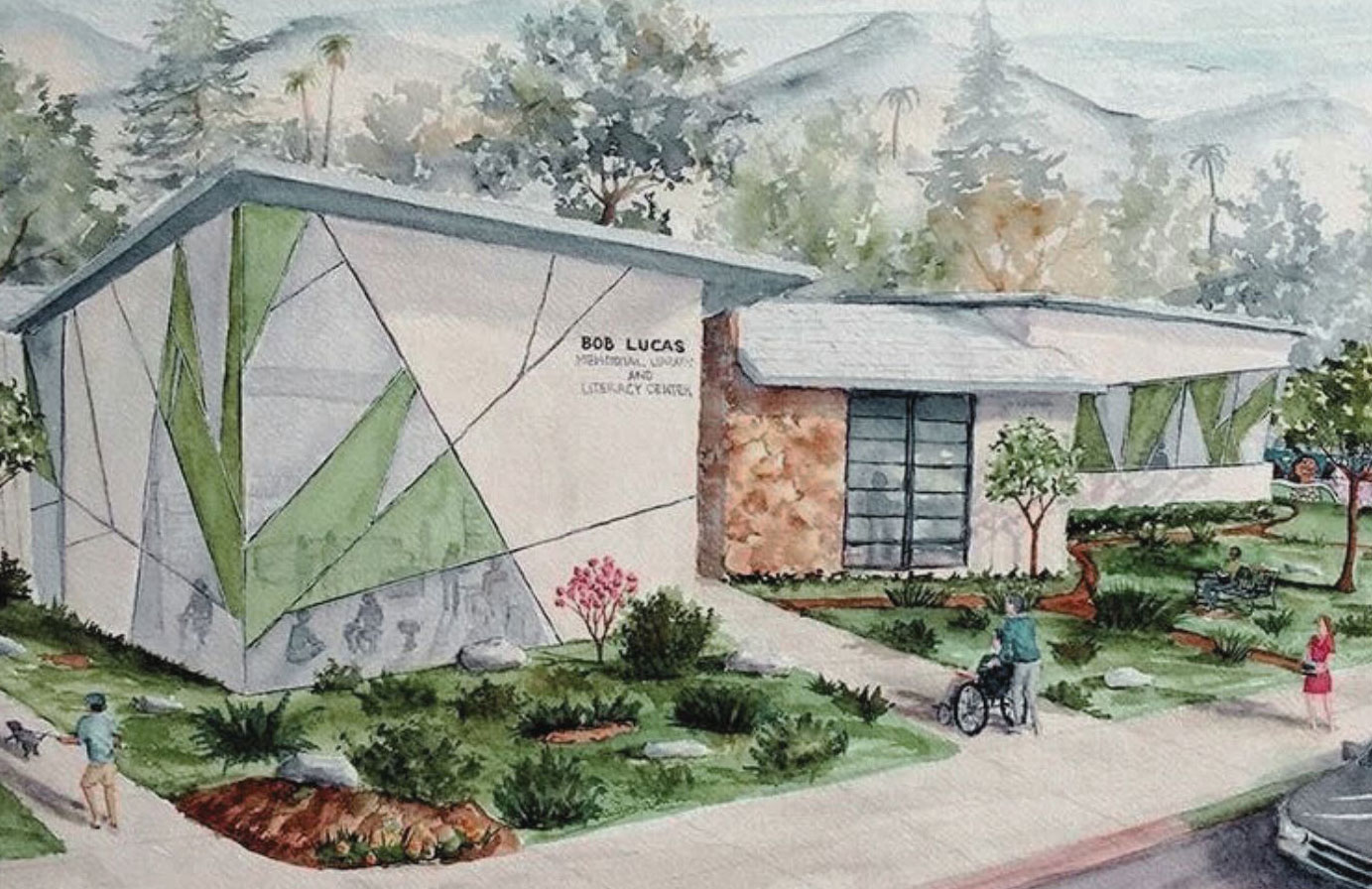 Illustration of a modern community center building with geometric green wall design, landscaped garden beds, and people walking and gathering outside.